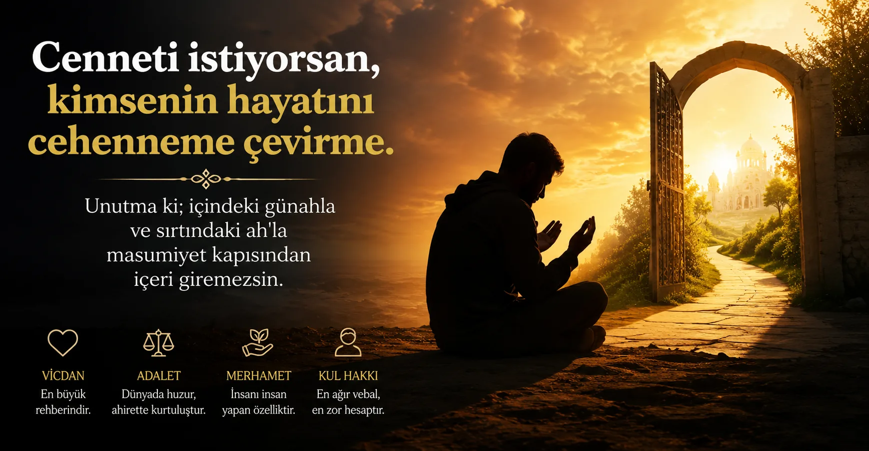 Gün batımında dua eden bir insan silueti. Cennet, kul hakkı, vicdan, adalet ve merhametin önemini simgeleyen manevi bir sahne. İnsanlara haksızlık yapmamanın ve ah almadan yaşamanın değerini anlatan anlamlı bir görsel.
