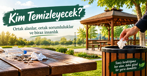 Park ve kamelyalarda çevre temizliğinin önemini anlatan, çöplerin çöp kutusuna atılmasını ve ortak alanların temiz bırakılmasını vurgulayan görsel.